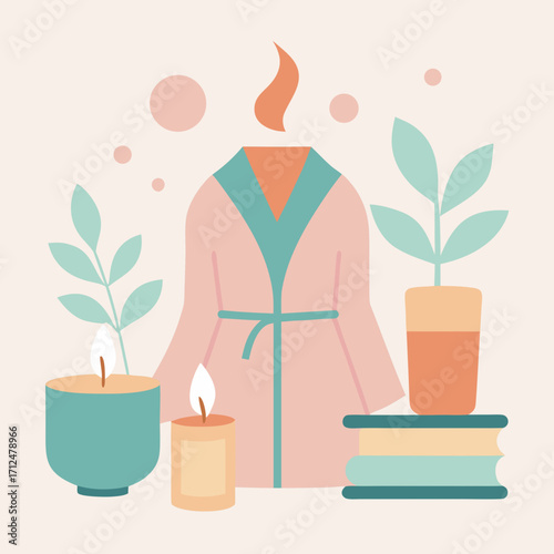 Pink robe teal candles potted plants book stack self care