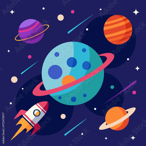 Rocket journey through colorful planets and stars space