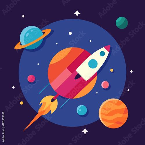 Rocket journey through colorful planets and stars space