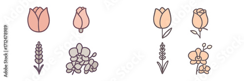 Set of elegant floral icons featuring tulips, roses, lavender, and orchids in a minimalist style with soft pastel colors