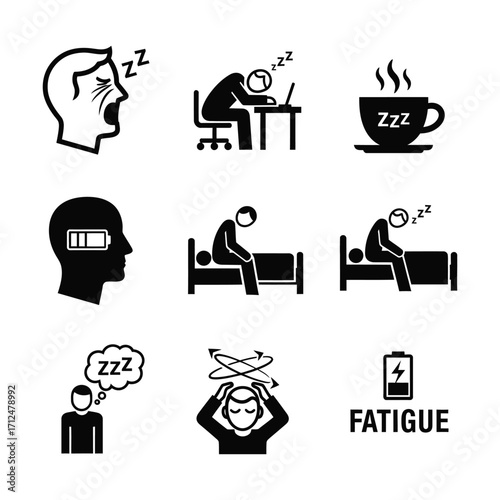 Icons depicting extreme fatigue, exhaustion, and the need for rest and recovery