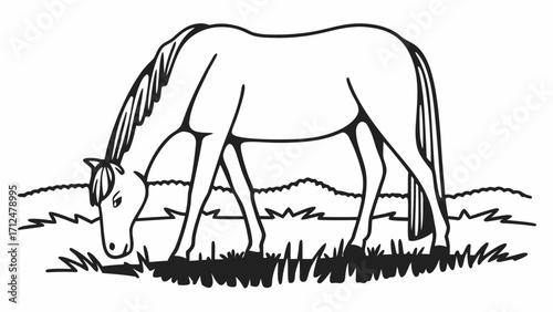 A horse is grazing in a field with mountains in the background, depicted in a black and white outline style created with generated ai 
