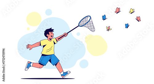 Childhood Pursuit: Energetic Boy Chasing Butterflies With A Net In Playful Scene