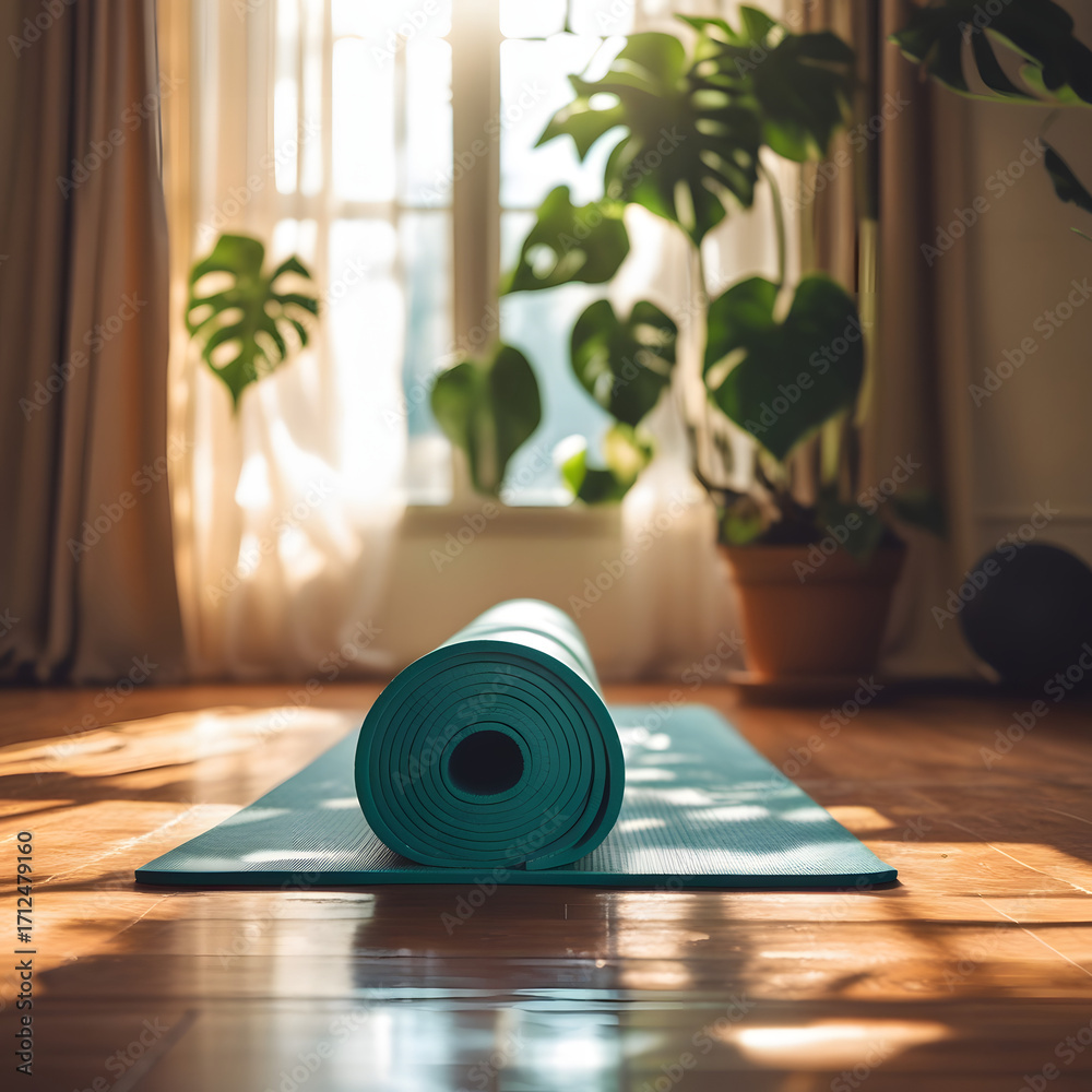 Obraz premium Serene wellness concept featuring yoga mat, sunlight, and green plant symbolizing balance and relaxation