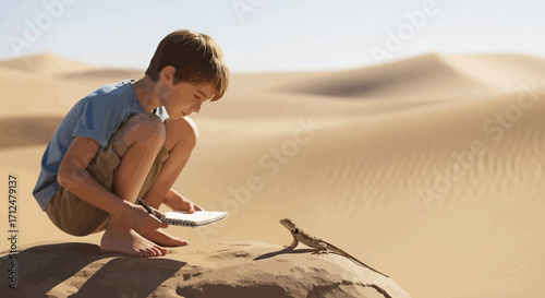 Boy Observing A Reptile In The Vastness Of The Desert With A Journal