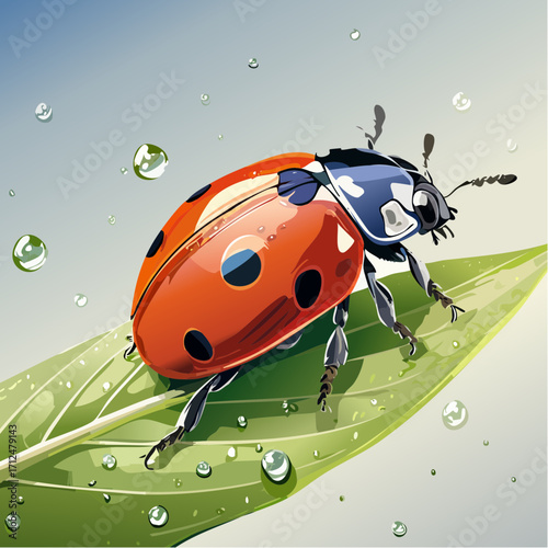 A vibrant ladybug rests on a dewy leaf, detailed illustration.