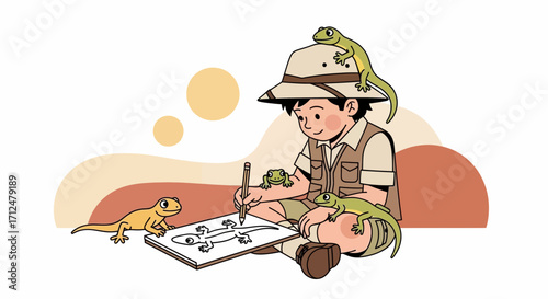 Childish Illustrator Creating Drawings Of Lizards With Several Exotic Reptiles Around