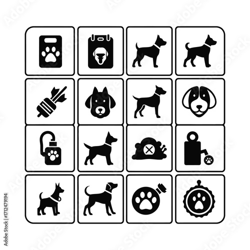 A diverse collection of black and white dog care icons for pet services and veterinary concepts.