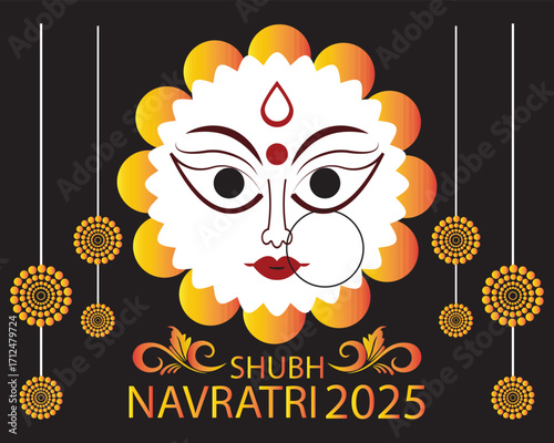 Shubh Navratri 2025 Goddess Durga Face Art. Colorful illustration of Goddess Durga face with decorative patterns and Shubh Navratri 2025 text, ideal for festival greetings and celebration EPS 10/AI. 