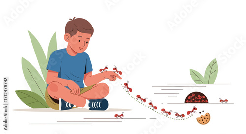 Boy Observing Ants Trekking Towards Dessert, Nature Study, Minimal Illustration