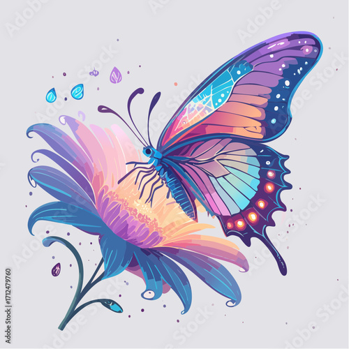 A vibrant, iridescent butterfly rests delicately on a luminous flower, surrounded by sparkling dust.