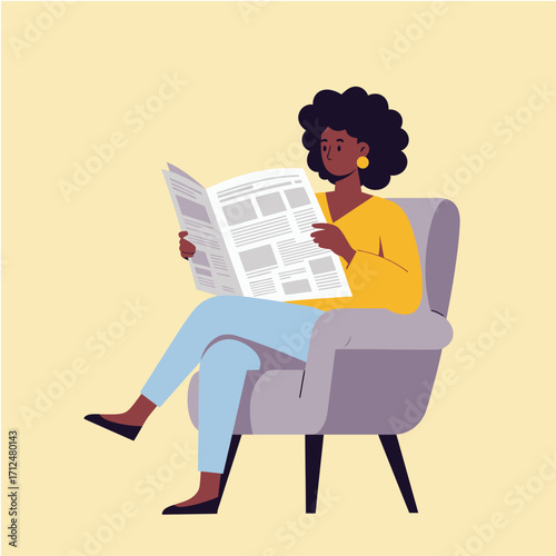 Vector art of a black woman with curly hair sits in a chair reading a newspaper