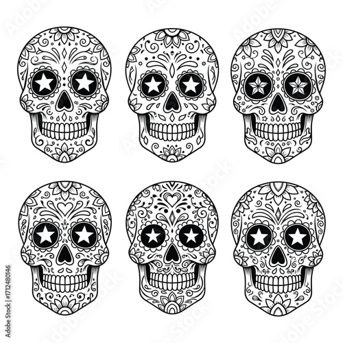Ornate Black and White Sugar Skull Illustrations, Capturing the Spirit of Dia de los Muertos and Traditional Mexican Artistry.