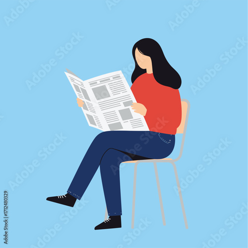 Vector art of woman sitting on a chair and reading a newspaper against a blue background