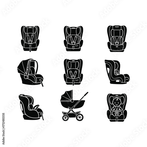 Comprehensive collection of baby transport icons essential child safety car seats and strollers for secure infant travel.