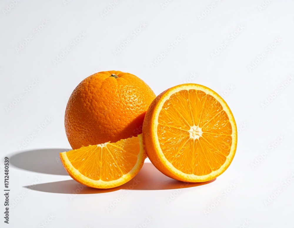 Fototapeta premium Fresh Ripe Orange fruit with Slices on White Background