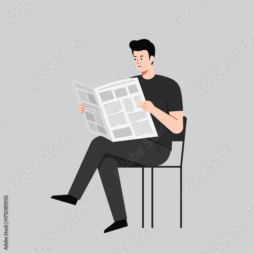 Vector art of man sitting on chair reading newspaper, illustration, flat design
