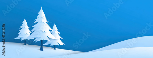 冬の雪景色と木のイラスト｜Winter Snow Landscape with Pine Trees
