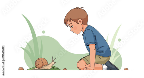 Boy Observing Snail: A Study Of Nature's Wonders And Childhood Curiosity