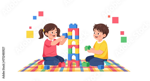 Children Building a Tower with Blocks Together, Friendly Collaboration and Playtime