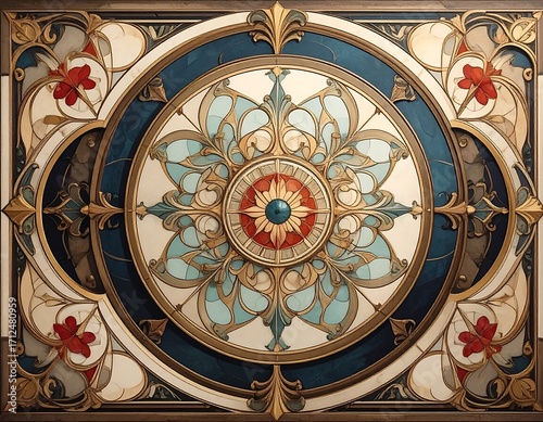 Ornate, symmetrical, decorative panel with a central medallion