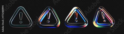 3D glass warning icon with holographic neon gradient glow isolated on dark bg. Render of liquid glass triangle attention sign. Transparent caution mark for danger, exclamation and hazard. 3D vector