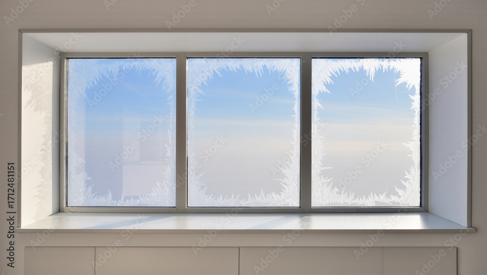 Fototapeta premium Frosted windows reveal a serene winter landscape at dawn
