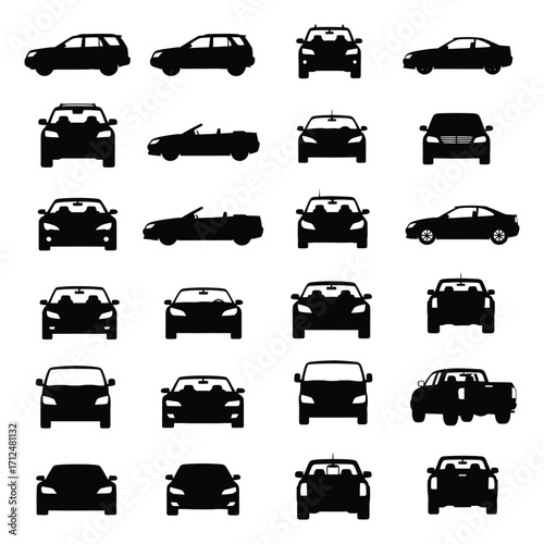 A diverse vehicle collection of car silhouettes in various front and side views