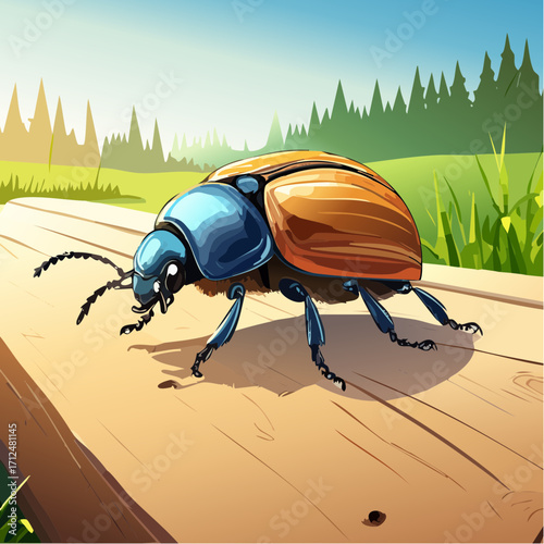 A colorful beetle with a blue head and orange shell crawls on a wooden path in a sunny forest clearing.