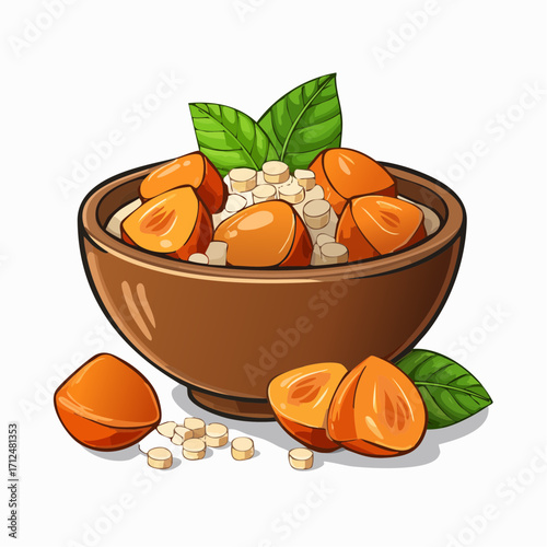A bowl of creamy porridge topped with halved hazelnuts and fresh mint leaves.