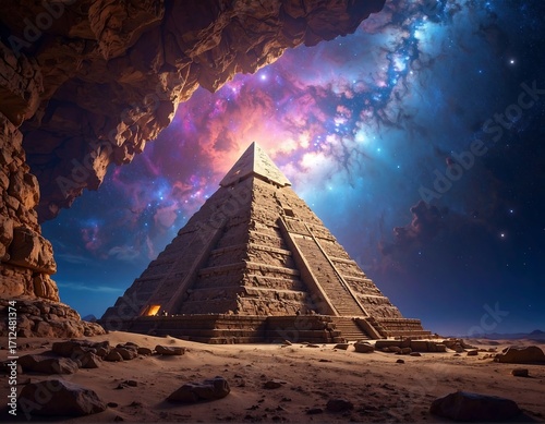 Pyramid in a starry desert cave