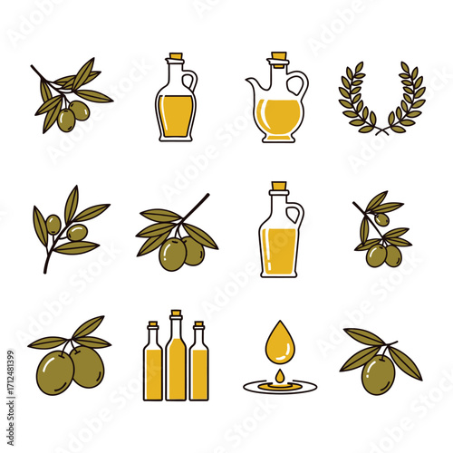 Set of Olive Oil and Olive Branch Icons in a Simple Line Art Style