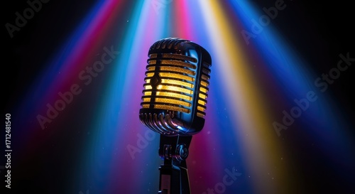 Vintage Microphone with Colorful Stage Lighting