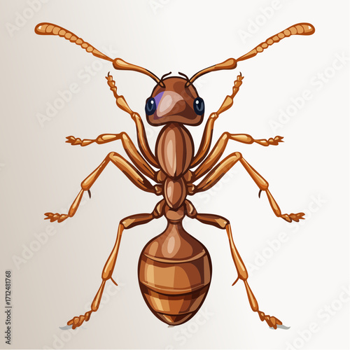 Detailed illustration of a reddish-brown ant, viewed from above, showcasing its six legs, antennae, and segmented body.
