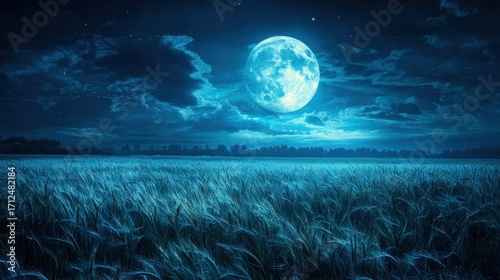 Full Moon Over Wheat Field Under a Night Sky with Clouds