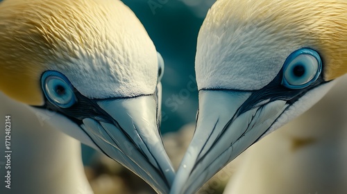 Extreme close-up of two gannets' heads touching beaks bird seabird photo