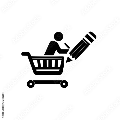 Vector image of shopping cart carrying a writing figure working on writing project creatively
