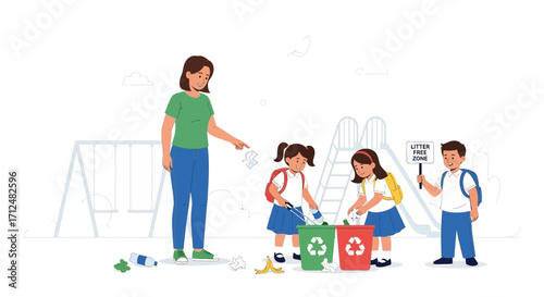 Children Cleaning Up Garbage In A Park With Their Teacher Demonstrating Environmental Stewardship