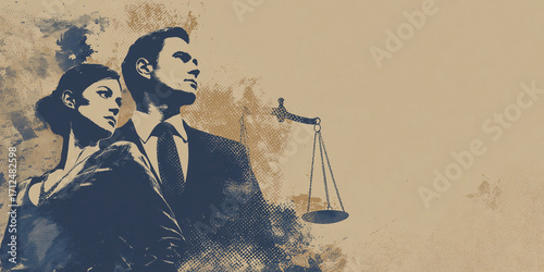 Attorney in a power suit, halftone screen, modern abstract scales of justice background. Law firm, lawyer, legal graphic for personal injury, medical malpractice or defense law firm website.