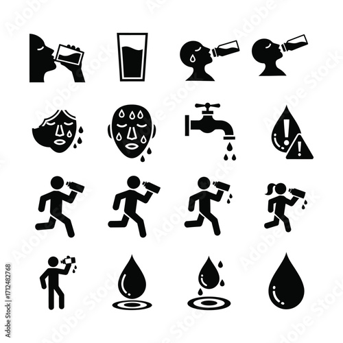 Hydration Guide Thirst Quenching Actions and Water Conservation Pictograms