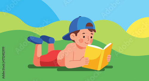 Boy Reading A Book Outdoors During The Summer Days, Enjoying The Scenic View