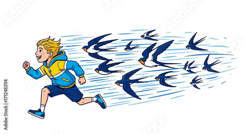 Boy Racing With Swallows Symbolizing Freedom And The Spirit of Youthful Flight