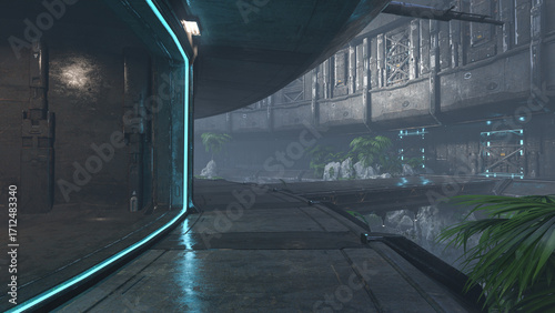 Science fiction fantasy environment with futuristic buildings build into rocky landscape. 3D rendered illustration.