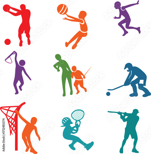 Assorted stylized human figures participating in sports and games on a white background Keywords: sport, activity, figure, silhouette, icon, stylized, human, person, man, woman, male, female