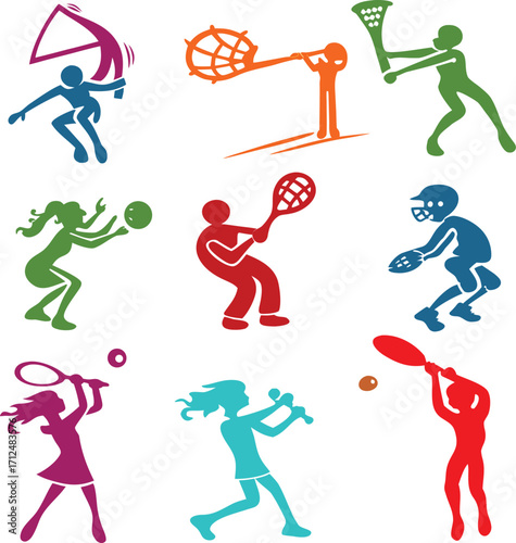 Assortment of Nine Vibrant Sports Pictograms Featuring Diverse Athletic Actions on White Background