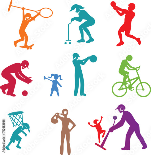 Assortment of stylized human figures in sports and daily life activities on a white background Keywords: sport, activity, figure, silhouette, icon, stylized, human, person, man, woman, male