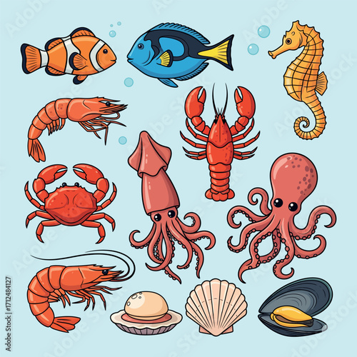 Seafood fish icons Vector set