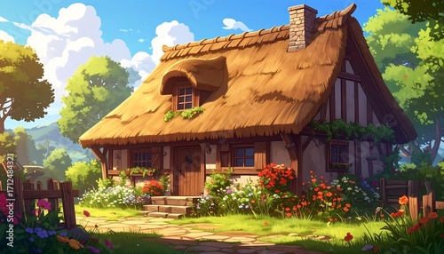 Quaint cottage in a sunlit meadow