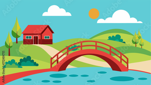 A simple wooden bridge arching over a winding river with a quaint red barn and grazing horses in the background.