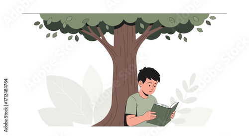 Boy Reads Under Tree Illustration Depicting The Joy Of Reading And Learning Outdoors